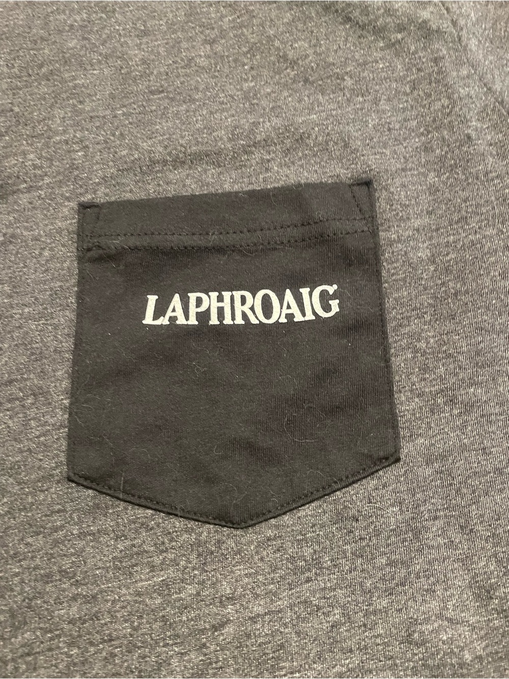 Bella Canvas Heather Gray Tee Shirt with Black Pocket and Laphroaig Scotch logo